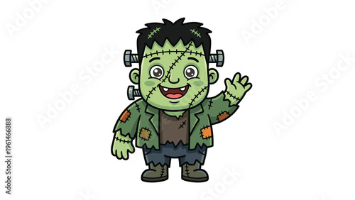 Cute Smiling Frankenstein Monster Character Waving Halloween