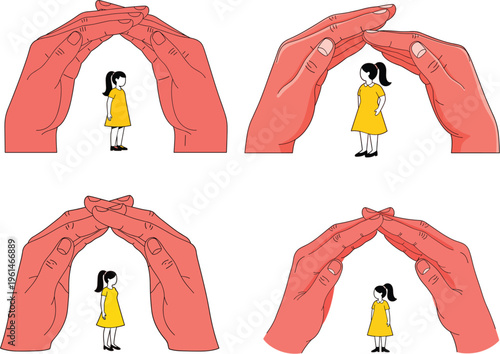 Set of vector illustrations featuring giant hands protecting a small child symbolizing care safety insurance and family support concepts