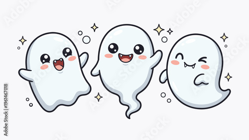 Three Cute Winking Smiling Ghosts Character Halloween Sparkles