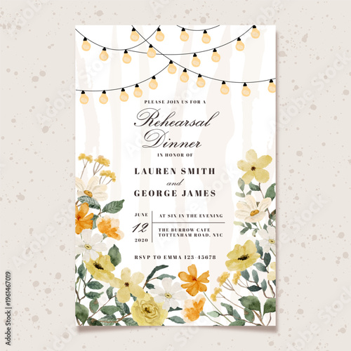 rehearsal dinner invitation card with yellow white wildflower and light string background