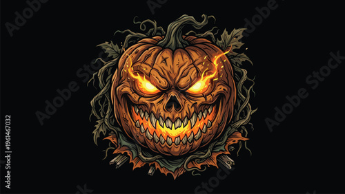 Evil Menacing Pumpkin Character Halloween Fire Vines Grin