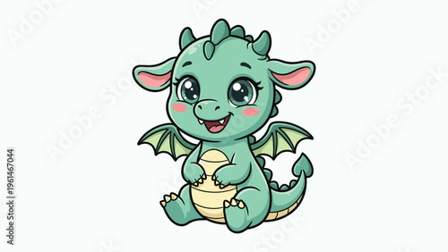 Cute Smiling Green Baby Dragon Character Sitting Happy