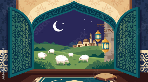 Eid Adha Sheep Grazing Under Crescent Moonlight.