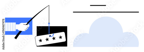 Cybersecurity education, online safety awareness, phishing attack prevention, password protection, cloud storage vulnerabilities, digital threats. A hand with a phishing hook catching a password