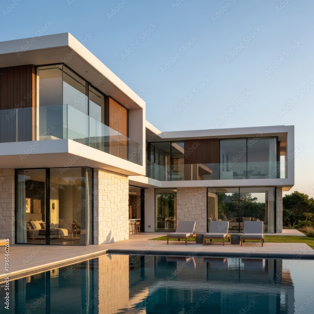 Fototapeta premium Modern luxury two-story villa with large glass windows, a stone facade, and a swimming pool reflecting the evening sky at sunset