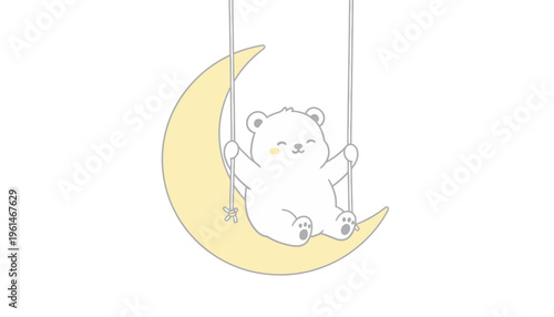 Cute Polar Bear Sitting on Crescent Moon Swing Illustration