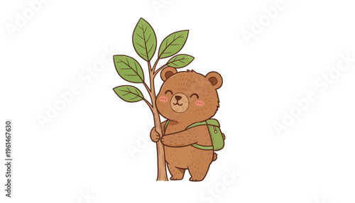 Cute Hiker Bear with Backpack Hugging Tree