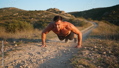 A shirtless man doing push-ups on a dirt path in a natural outdoor setting with hills and clear sky
