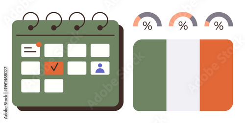 Time management, scheduling, analytics, national events, Irish culture, reporting. A green calendar with an event checkbox and Ireland flag beside percentage stats. Time management and analytics