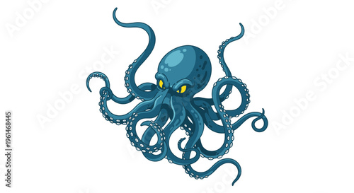 Blue octopus with yellow eyes underwater.