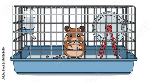 Brown hamster in a cage standing.