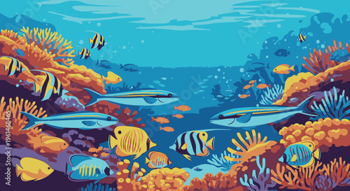 Colorful fish and coral reef scene.