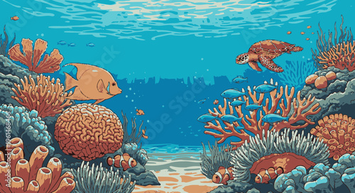 Colorful coral reef with fish swimming.