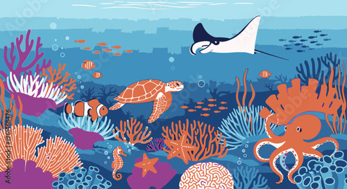 Colorful illustration of sea turtle swimming.