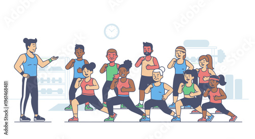 Diverse group of people exercising together.