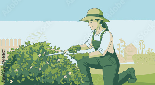 Man wearing green overalls trimming bush.