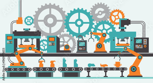 Robotic arms in industrial factory setting.