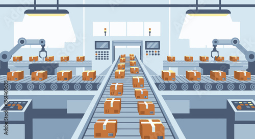 Robotic arms on factory conveyor belt.