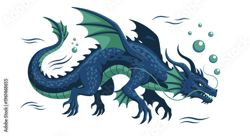 Mythical blue dragon with green wings.