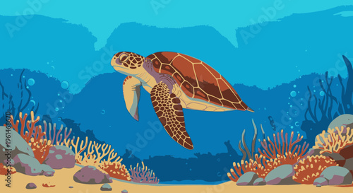 Sea Turtle Swimming Underwater Ocean.