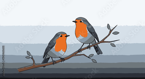 Two robins on a branch together.