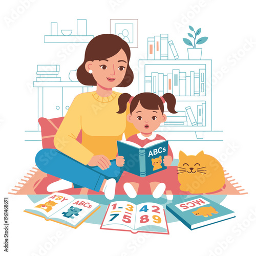 Woman and girl reading book together.