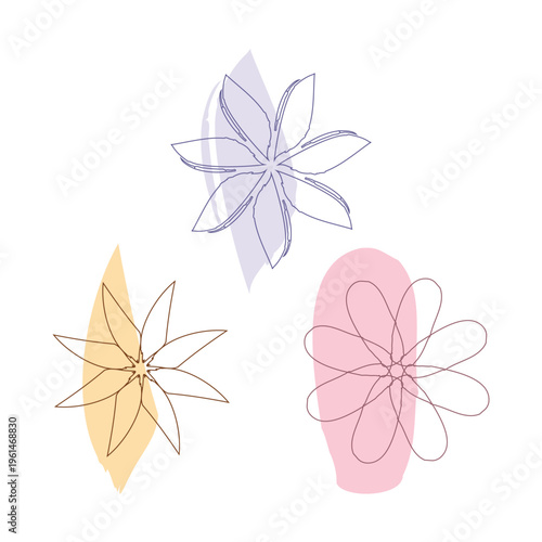 Three abstract floral outline drawings appear on a white background.