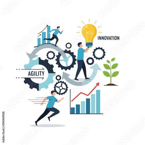Dynamic business illustration showing people interacting with gears, charts, a lightbulb, and a growing plant, symbolizing agility, innovation, and progress.