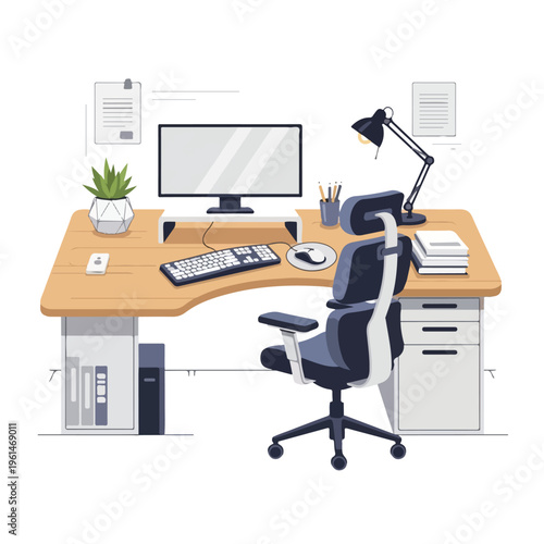 A modern and organized home office desk setup with a computer, ergonomic chair, and various accessories on a white background.