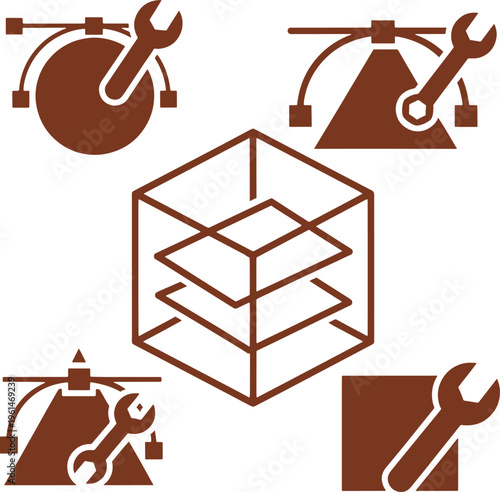 Brown Line of a Whisk and Wrenches with a Cube in the Center line whisk geometric