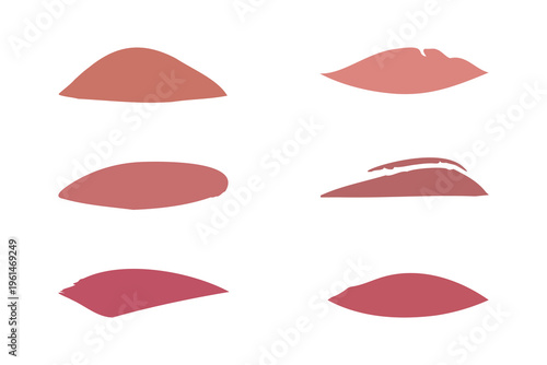 Different shades of pink and nude lipstick are presented as six separate swatches on a simple white field. Each swatch highlights the texture and color for makeup and beauty applications.