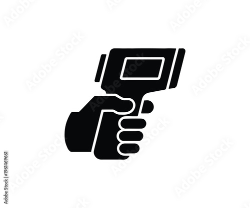 Hand holding infrared thermometer symbol, Temperature scanner gun silhouette for medical and safety use
