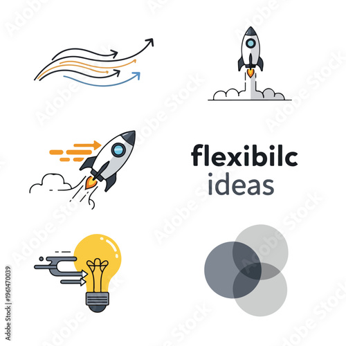 A collection of minimalist flat design icons illustrating business innovation, flexible ideas, rapid progress, and creative solutions.