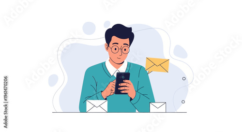 Man texting on smartphone, receiving email notifications, modern communication concept