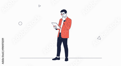 Thoughtful businessman in a suit looking at a tablet, surrounded by abstract shapes.