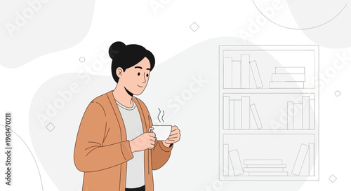 Woman enjoying coffee break near bookshelf, cozy home or office atmosphere