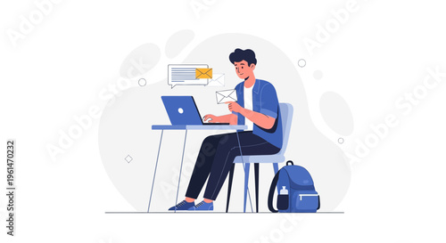 Young man working on laptop, sending email, modern flat illustration, online communication