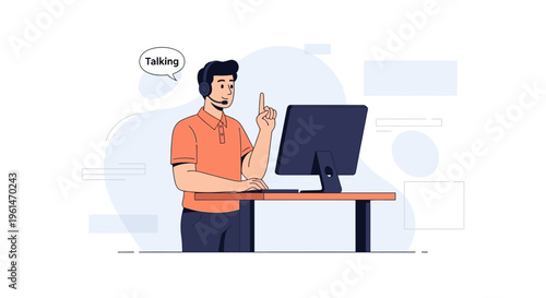 Man with headset working on computer, talking and gesturing, customer support concept