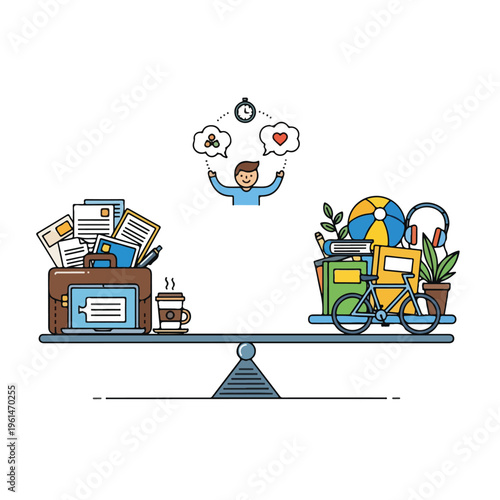 Illustration of work-life balance with a person managing career and personal priorities on a seesaw.