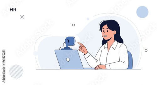 HR manager conducts online interview using webcam and laptop, remote work concept