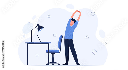 Man stretching at office desk, work break, healthy lifestyle, ergonomic workspace