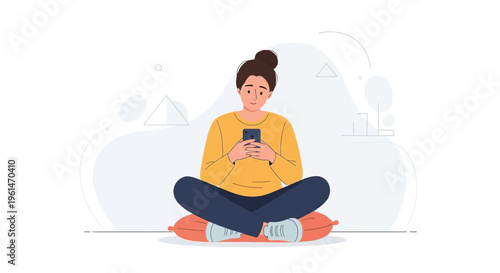 Sad Woman Sitting Cross-legged with Phone, Feeling Lonely