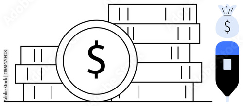 Investment, financial planning, savings, budgeting, wealth management, economic growth. Stack of coins, a moneybag with a dollar sign and a pen icon. Investment and financial planning concepts