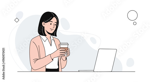 Woman with Coffee Cup and Laptop, Thinking, Working Remotely, Modern Office Illustration