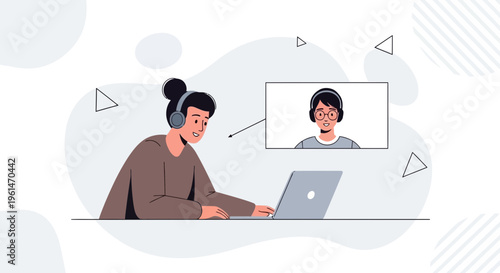 Person on video call with headphones and laptop, online communication concept
