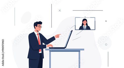 Man in suit video conferencing with colleague on laptop, remote work concept