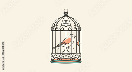 Bird sitting in a cage.