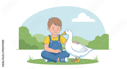 Boy sitting with white goose friend.