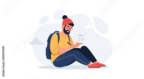 Man with backpack writing in notebook, planning trip, digital nomad lifestyle