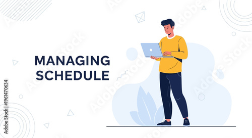 Man Managing Schedule on Laptop, Business Planning, Modern Flat Illustration